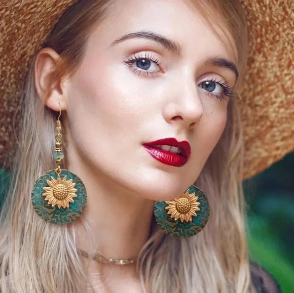 Gold Sunflower Turquoise Bohemian Dangle Earrings - Picture 1 of 2